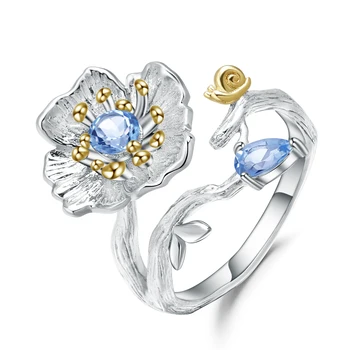 GEM BALET 925 Sterling Silver Ručne Otvoriť Krúžok pre Ženy Šperky Swiss Natural Blue Topaz Kvitne Maku Kvet Krúžky
